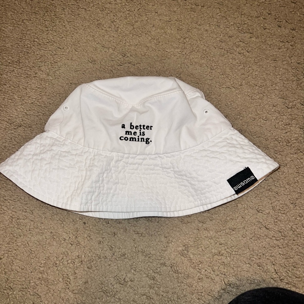 White Bucket Hat with Embroidered Text